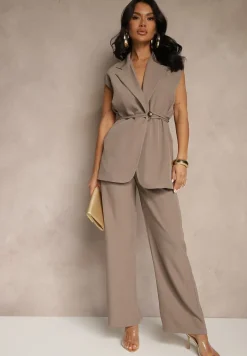 Ciemnobeżowy Garniturowy Komplet Kamizelka z Wiązaniem i Spodnie o Szerokim Kroju Davielis