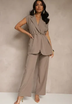 Ciemnobeżowy Garniturowy Komplet Kamizelka z Wiązaniem i Spodnie o Szerokim Kroju Davielis