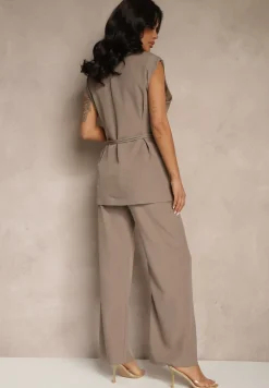 Ciemnobeżowy Garniturowy Komplet Kamizelka z Wiązaniem i Spodnie o Szerokim Kroju Davielis