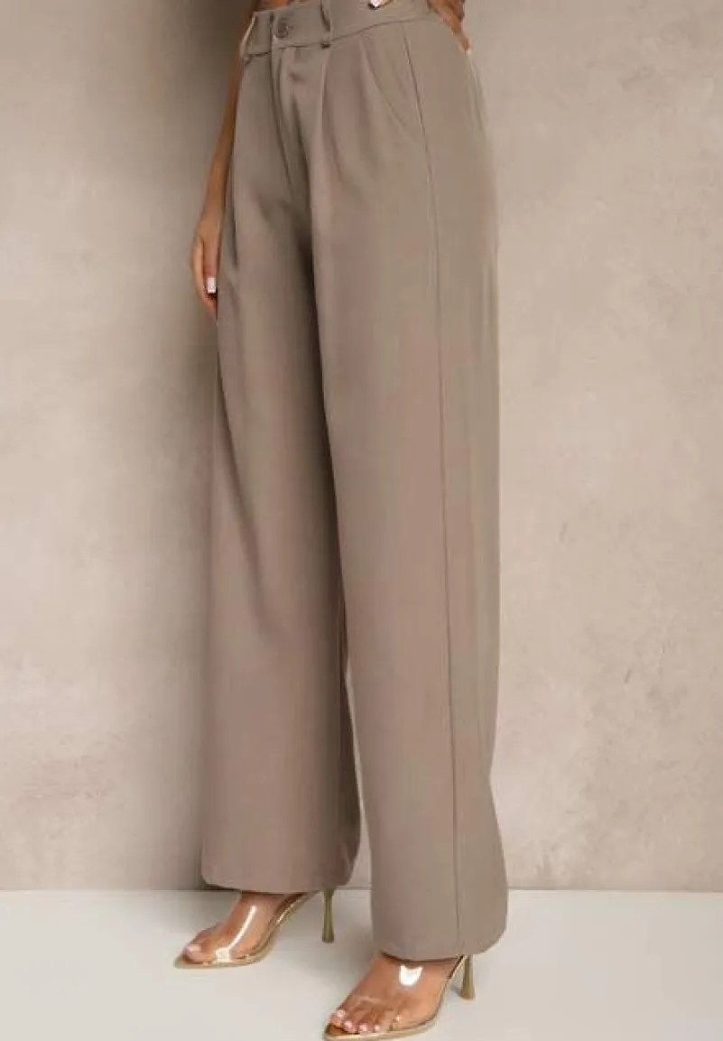 Ciemnobeżowy Garniturowy Komplet Kamizelka z Wiązaniem i Spodnie o Szerokim Kroju Davielis