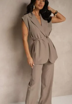 Ciemnobeżowy Garniturowy Komplet Kamizelka z Wiązaniem i Spodnie o Szerokim Kroju Davielis