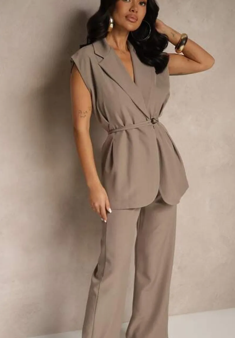 Ciemnobeżowy Garniturowy Komplet Kamizelka z Wiązaniem i Spodnie o Szerokim Kroju Davielis