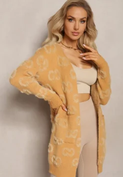 Ciemnobeżowy Jednolity Kardigan w Cętki Niezapinany Raniwasa