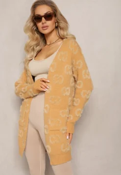 Ciemnobeżowy Jednolity Kardigan w Cętki Niezapinany Raniwasa