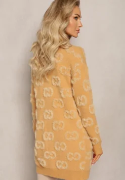 Ciemnobeżowy Jednolity Kardigan w Cętki Niezapinany Raniwasa