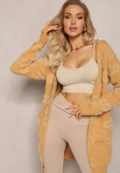 Ciemnobeżowy Jednolity Kardigan w Cętki Niezapinany Raniwasa