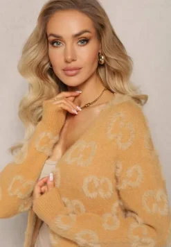 Ciemnobeżowy Jednolity Kardigan w Cętki Niezapinany Raniwasa