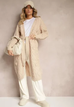 Ciemnobeżowy Kardigan Bez Zapięć z Wełną i Wiskozą o Tłoczonym Splocie z Wiązanym Paskiem Vaimella