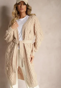 Ciemnobeżowy Kardigan Bez Zapięć z Wełną i Wiskozą o Tłoczonym Splocie z Wiązanym Paskiem Vaimella