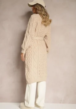 Ciemnobeżowy Kardigan Bez Zapięć z Wełną i Wiskozą o Tłoczonym Splocie z Wiązanym Paskiem Vaimella