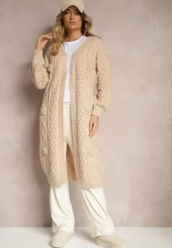 Ciemnobeżowy Kardigan Bez Zapięć z Wełną i Wiskozą o Tłoczonym Splocie z Wiązanym Paskiem Vaimella