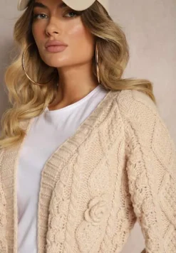 Ciemnobeżowy Kardigan Bez Zapięć z Wełną i Wiskozą o Tłoczonym Splocie z Wiązanym Paskiem Vaimella