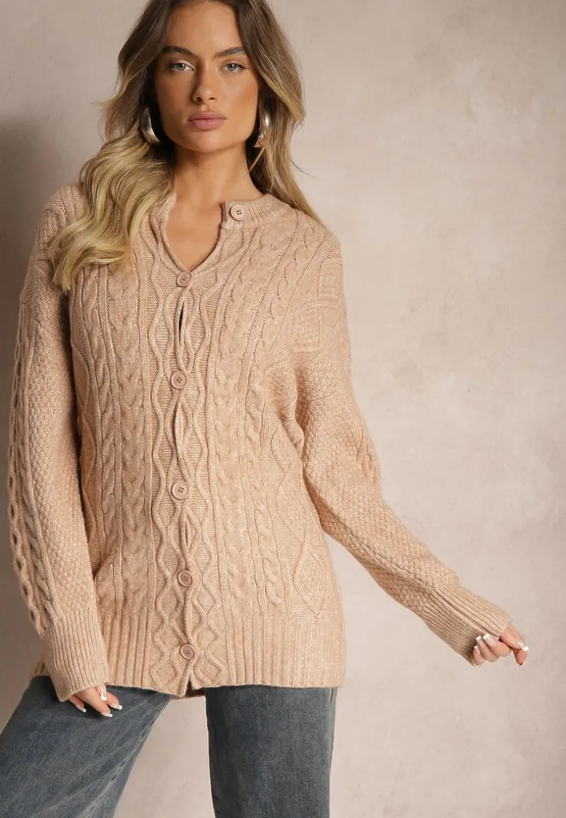 Ciemnobeżowy Kardigan na Guziki z Ozdobnym Splotem Alorinda