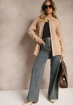 Ciemnobeżowy Kardigan na Guziki z Ozdobnym Splotem Alorinda