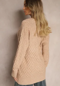 Ciemnobeżowy Kardigan na Guziki z Ozdobnym Splotem Alorinda