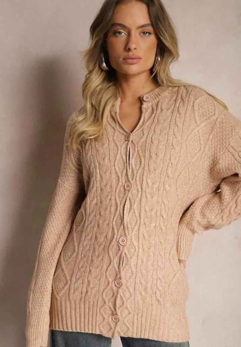 Ciemnobeżowy Kardigan na Guziki z Ozdobnym Splotem Alorinda