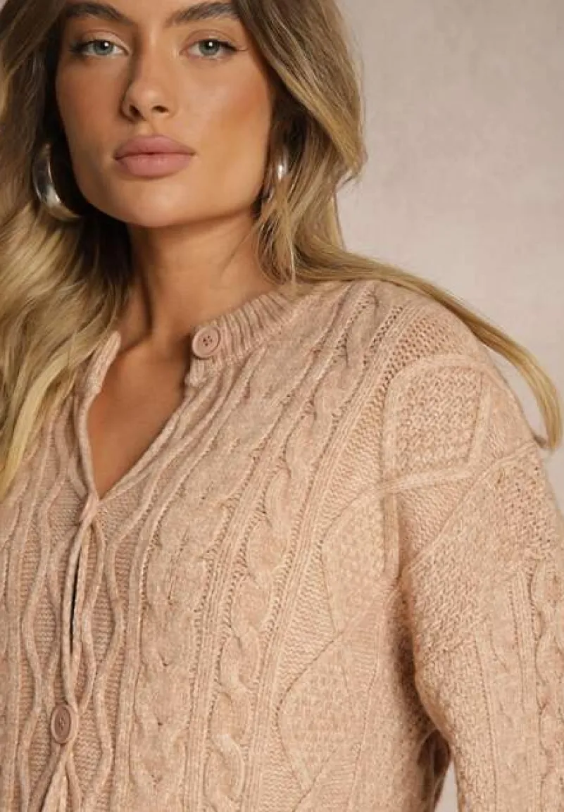 Ciemnobeżowy Kardigan na Guziki z Ozdobnym Splotem Alorinda