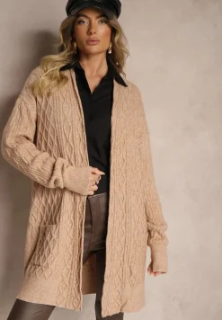 Ciemnobeżowy Kardigan Nierozpinany o Długim Kroju Ozdobiony Tłoczeniem Vailithe