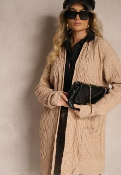 Ciemnobeżowy Kardigan Nierozpinany o Długim Kroju Ozdobiony Tłoczeniem Vailithe