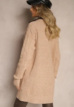 Ciemnobeżowy Kardigan Nierozpinany o Długim Kroju Ozdobiony Tłoczeniem Vailithe