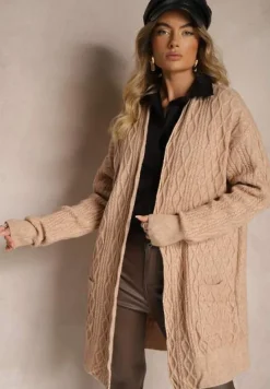 Ciemnobeżowy Kardigan Nierozpinany o Długim Kroju Ozdobiony Tłoczeniem Vailithe