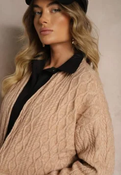 Ciemnobeżowy Kardigan Nierozpinany o Długim Kroju Ozdobiony Tłoczeniem Vailithe