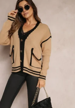 Ciemnobeżowy Kardigan z Metalicznymi Guzikami i Ozdobnymi Lamówkami Abovza