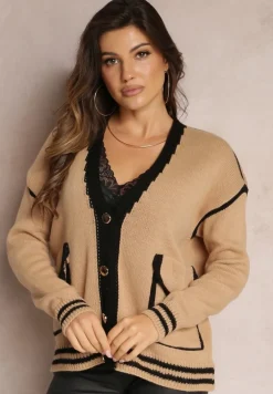 Ciemnobeżowy Kardigan z Metalicznymi Guzikami i Ozdobnymi Lamówkami Abovza