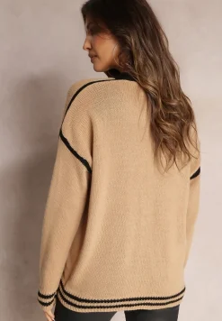 Ciemnobeżowy Kardigan z Metalicznymi Guzikami i Ozdobnymi Lamówkami Abovza