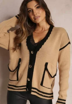 Ciemnobeżowy Kardigan z Metalicznymi Guzikami i Ozdobnymi Lamówkami Abovza