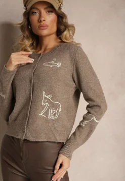 Ciemnobeżowy Kardigan z Wełną na Guziki z Haftowanym Wzorem Nelyra