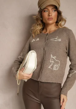 Ciemnobeżowy Kardigan z Wełną na Guziki z Haftowanym Wzorem Nelyra