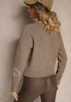 Ciemnobeżowy Kardigan z Wełną na Guziki z Haftowanym Wzorem Nelyra