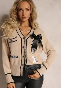 Ciemnobeżowy Kardigan z Wiskozy Zapinany na Guziki z Naszywkami i Cekinami Velafia