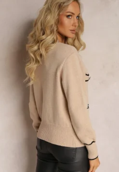 Ciemnobeżowy Kardigan z Wiskozy Zapinany na Guziki z Naszywkami i Cekinami Velafia