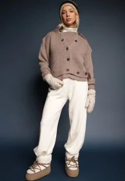 Ciemnobeżowy Klasyczny Kardigan z Ozdobnym Paskiem z Guzikami w Talii Tilika