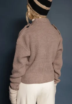 Ciemnobeżowy Klasyczny Kardigan z Ozdobnym Paskiem z Guzikami w Talii Tilika