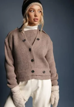 Ciemnobeżowy Klasyczny Kardigan z Ozdobnym Paskiem z Guzikami w Talii Tilika