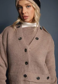 Ciemnobeżowy Klasyczny Kardigan z Ozdobnym Paskiem z Guzikami w Talii Tilika