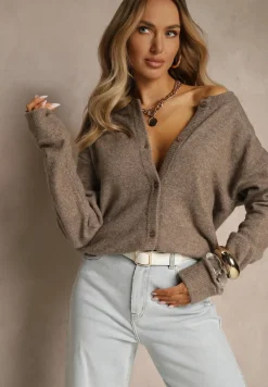 Ciemnobeżowy Klasyczny Kardigan z Zaokrąglonym Dekoltem Reonira