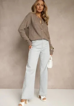 Ciemnobeżowy Klasyczny Kardigan z Zaokrąglonym Dekoltem Reonira