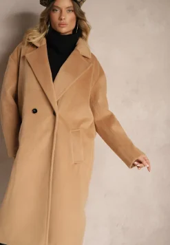 Ciemnobeżowy Klasyczny Płaszcz o Dwurzędowym Kroju z Kieszeniami Malwilina