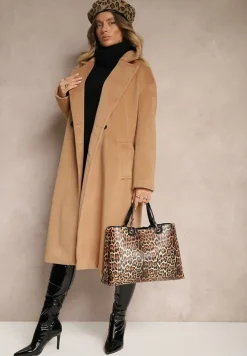 Ciemnobeżowy Klasyczny Płaszcz o Dwurzędowym Kroju z Kieszeniami Malwilina