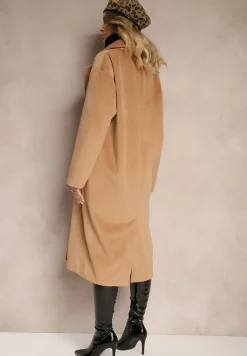 Ciemnobeżowy Klasyczny Płaszcz o Dwurzędowym Kroju z Kieszeniami Malwilina