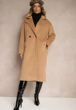 Ciemnobeżowy Klasyczny Płaszcz o Dwurzędowym Kroju z Kieszeniami Malwilina