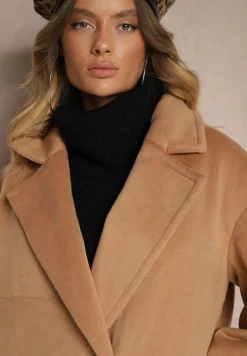 Ciemnobeżowy Klasyczny Płaszcz o Dwurzędowym Kroju z Kieszeniami Malwilina