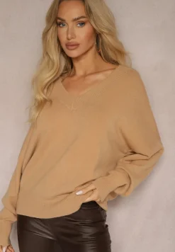 Ciemnobeżowy Klasyczny Sweter z Wiskozą i Kaszmirem Marirra