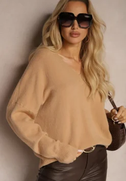 Ciemnobeżowy Klasyczny Sweter z Wiskozą i Kaszmirem Marirra