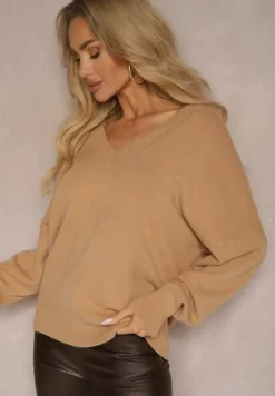 Ciemnobeżowy Klasyczny Sweter z Wiskozą i Kaszmirem Marirra