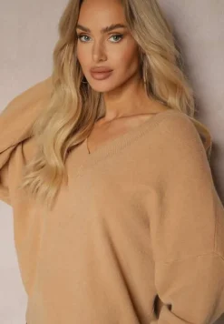 Ciemnobeżowy Klasyczny Sweter z Wiskozą i Kaszmirem Marirra